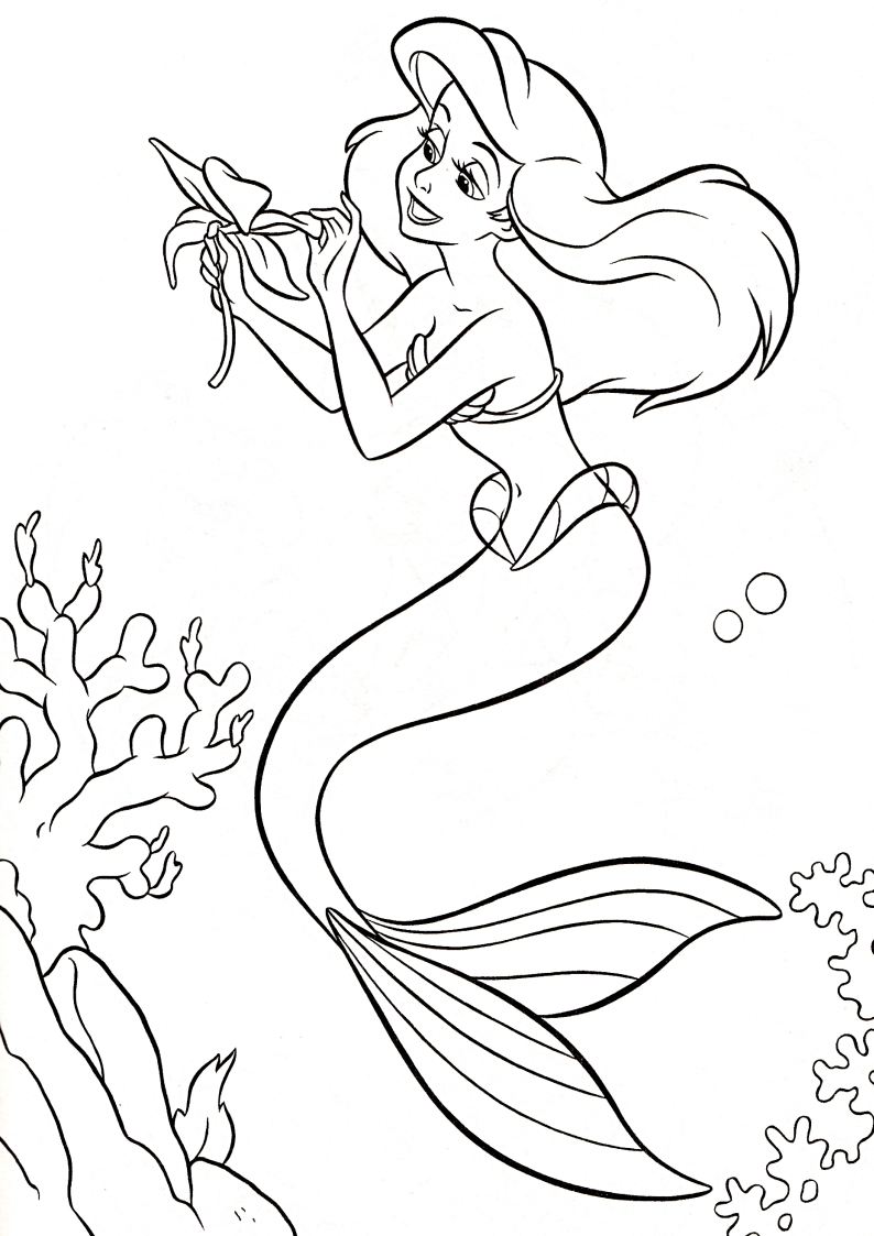 kolorowanka Ariel z bajki Disney Mała Syrenka, obrazek z syrenką z pięknym podwodnym kwiatem przeznaczony do wydruku i pomalowania numer 11